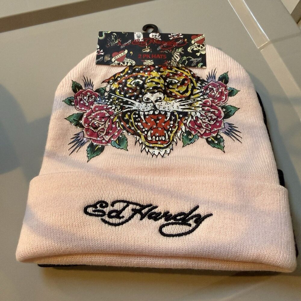 Ed Hardy Beanie Two Pack Pink Black Y2K Old School Tattoo Streetwear Bling NWT